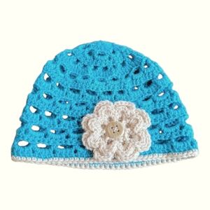 Crochet Turquoise Beige Flower Embellished Handmade Beanie Hat